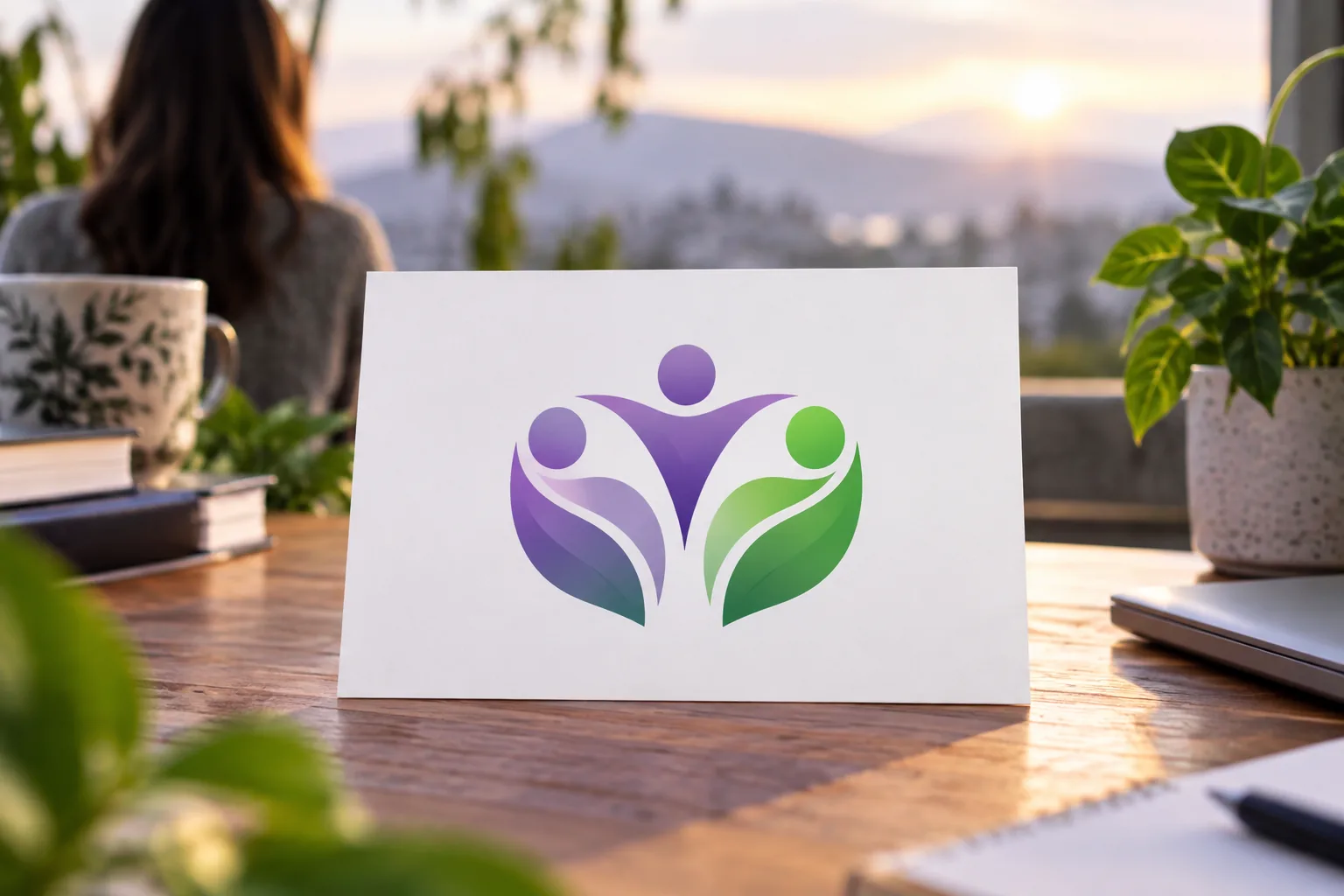Abstraktes violettes und grünes Community-Symbol auf einer schlichten weißen Karte, hoffnungsvolle und moderne Grafik.