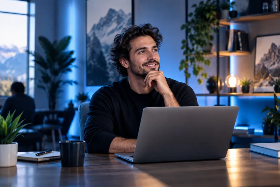 Produktentwickler in einem modernen Studio mit Laptop und sanfter blauer Beleuchtung, selbstbewusstes redaktionelles Porträt.