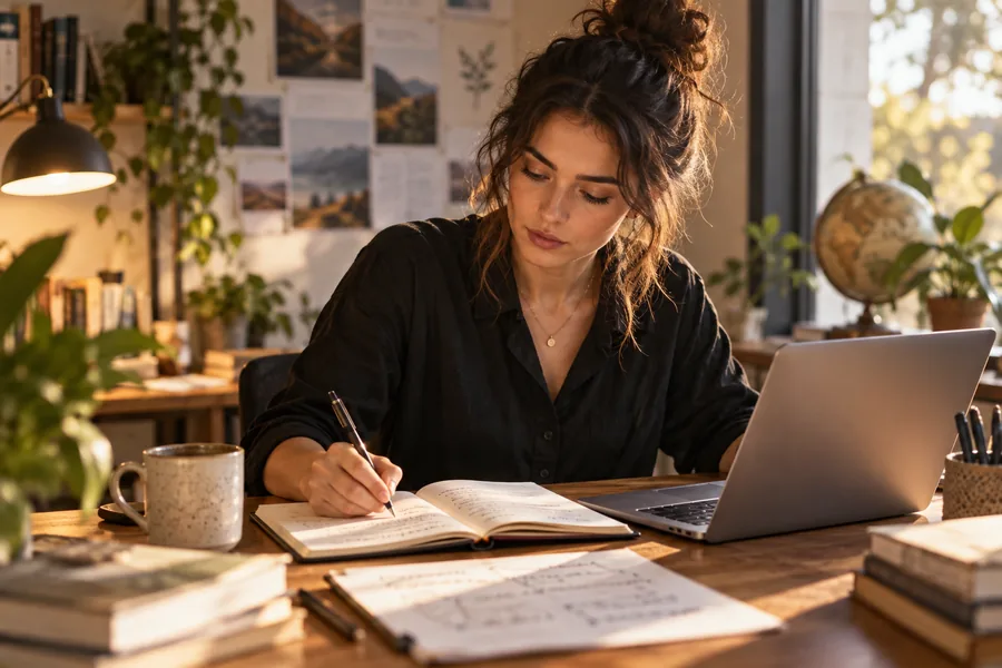 Strategischer Wachstumsforscher an einem Schreibtisch mit Notizen und Laptop, warmes redaktionelles Porträt mit konzentriertem Ausdruck.